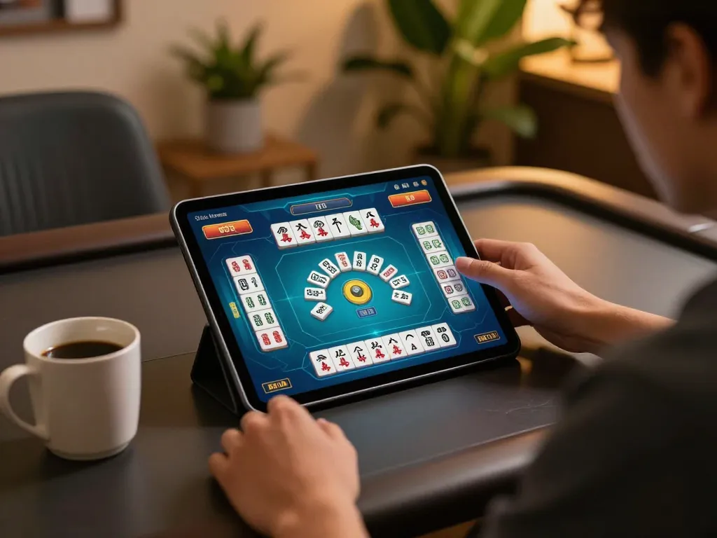 Engaging in a Mahjong game on a tablet while seated comfortably at home, showcasing a strategic gaming moment.