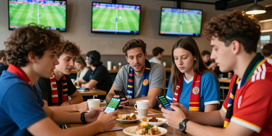 Friends discussing ty le keo nha cai strategies in a lively café during a football match