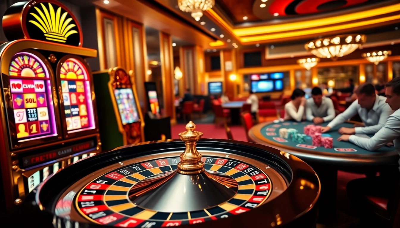 Scène passionnante de casino en ligne avec roulette, machines à sous et joueurs de poker engagés.
