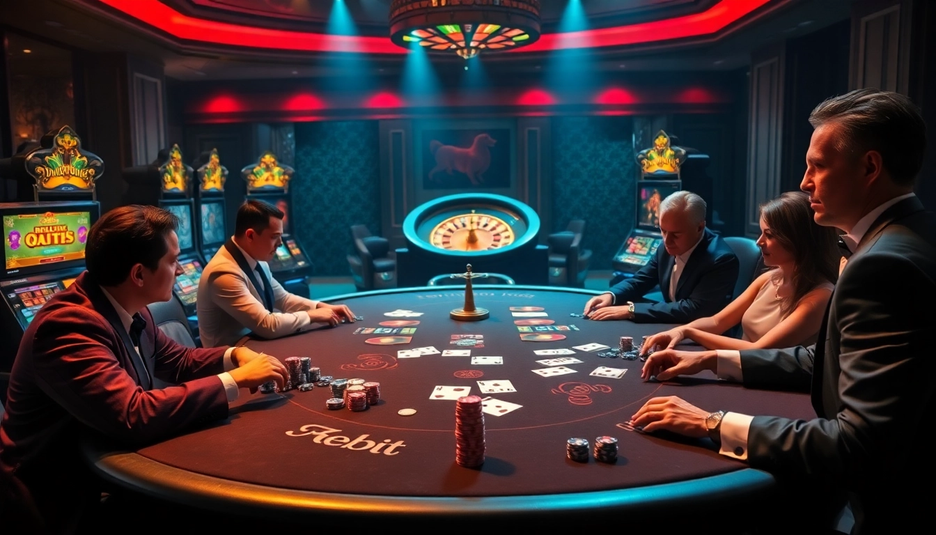 Experience the thrill of gambling at SOIBET ไทย with a vibrant casino scene featuring poker tables and slot machines.