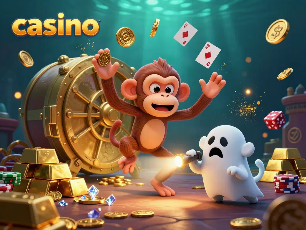 Experience the excitement of a casino with a playful poltergeist monkey juggling golden coins and a ghost-hunter puppy tracking it.