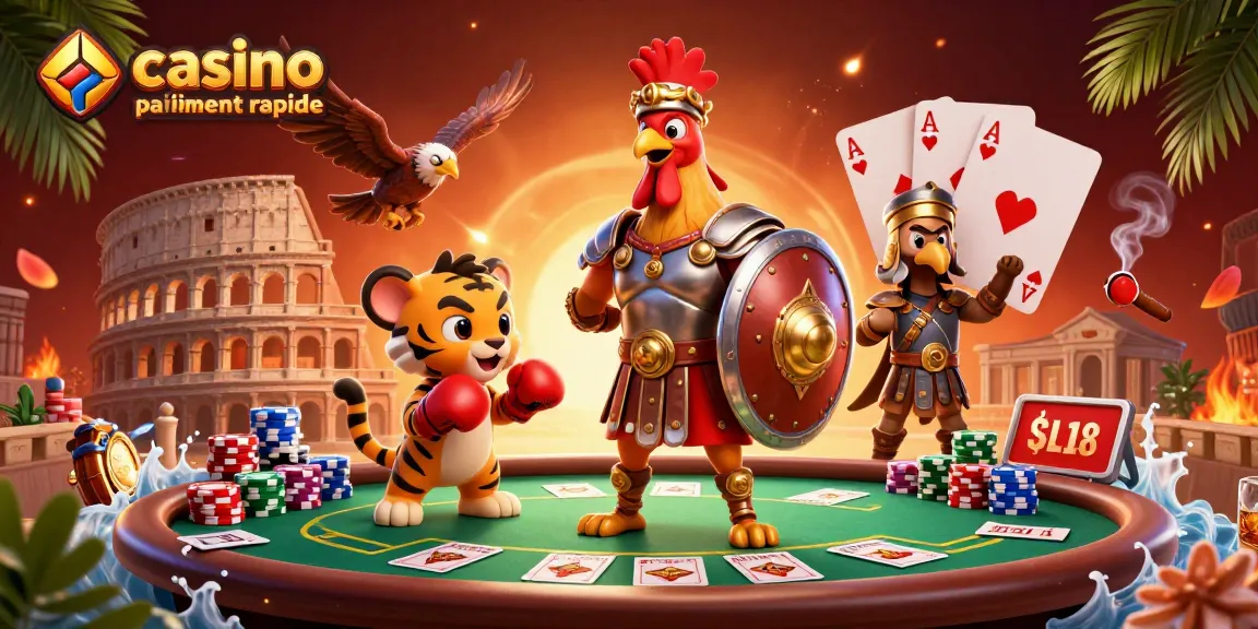 L'opération de casino en ligne paiement rapide avec un coq gladiateur et des éléments de jeux de poker colorés.