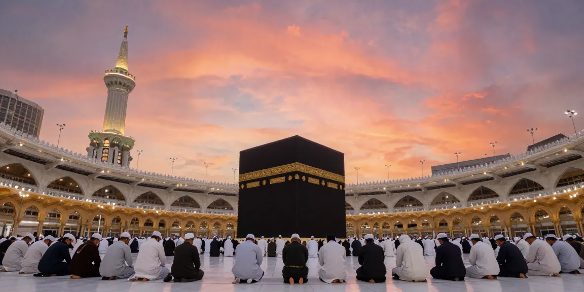 Umroh Ramadhan travel scene at Kaaba, pilgrims in devotion.