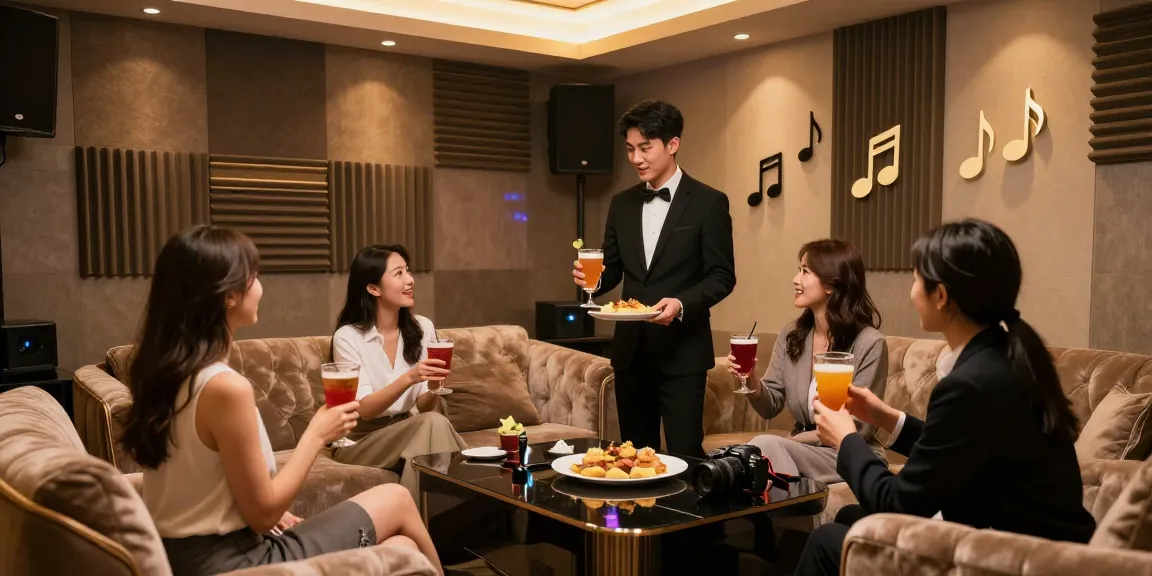 강남쩜오 프리미엄 가라오케 룸에서 고급스러운 분위기와 전문적인 서비스가 어우러진 모습