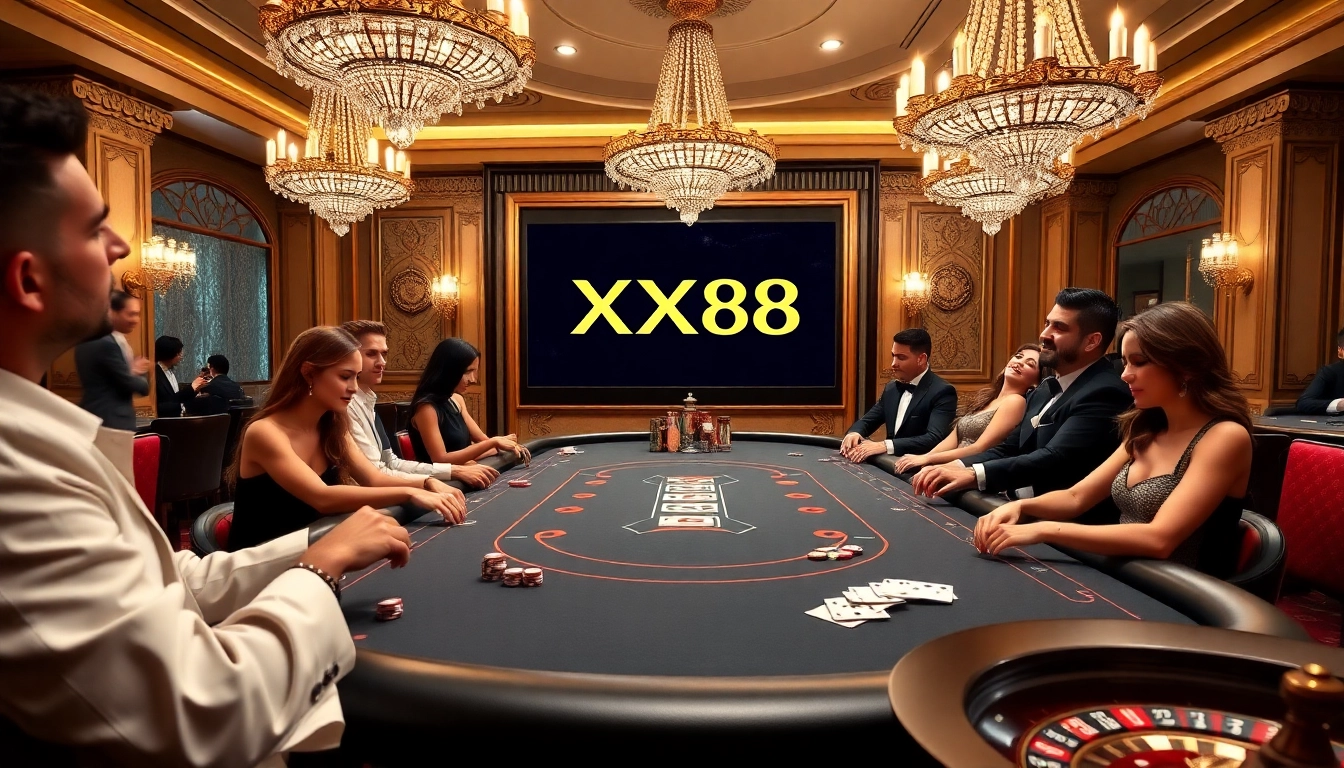 Gambling action at a poker table with XX88 logo, showcasing luxury and excitement.