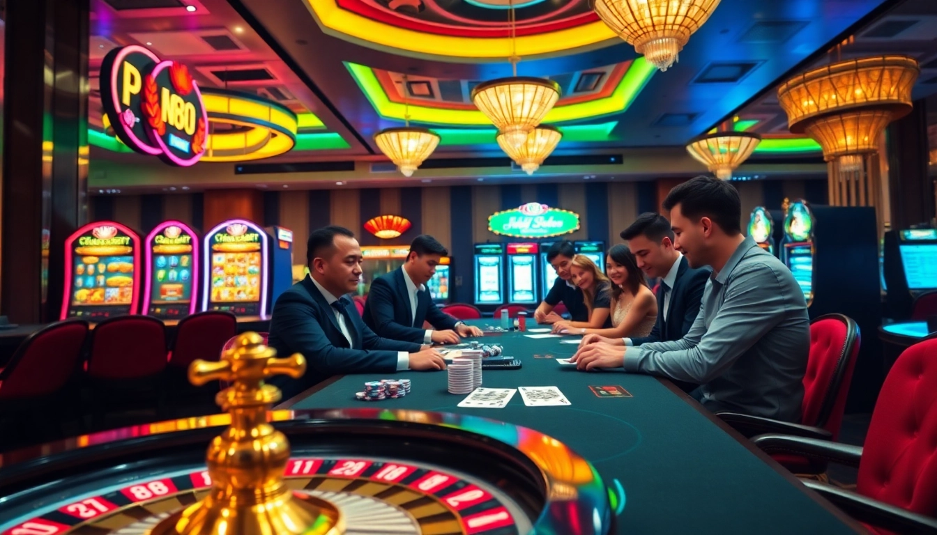 Players enjoying a vibrant casino experience at U888 with exciting games and poker chips.