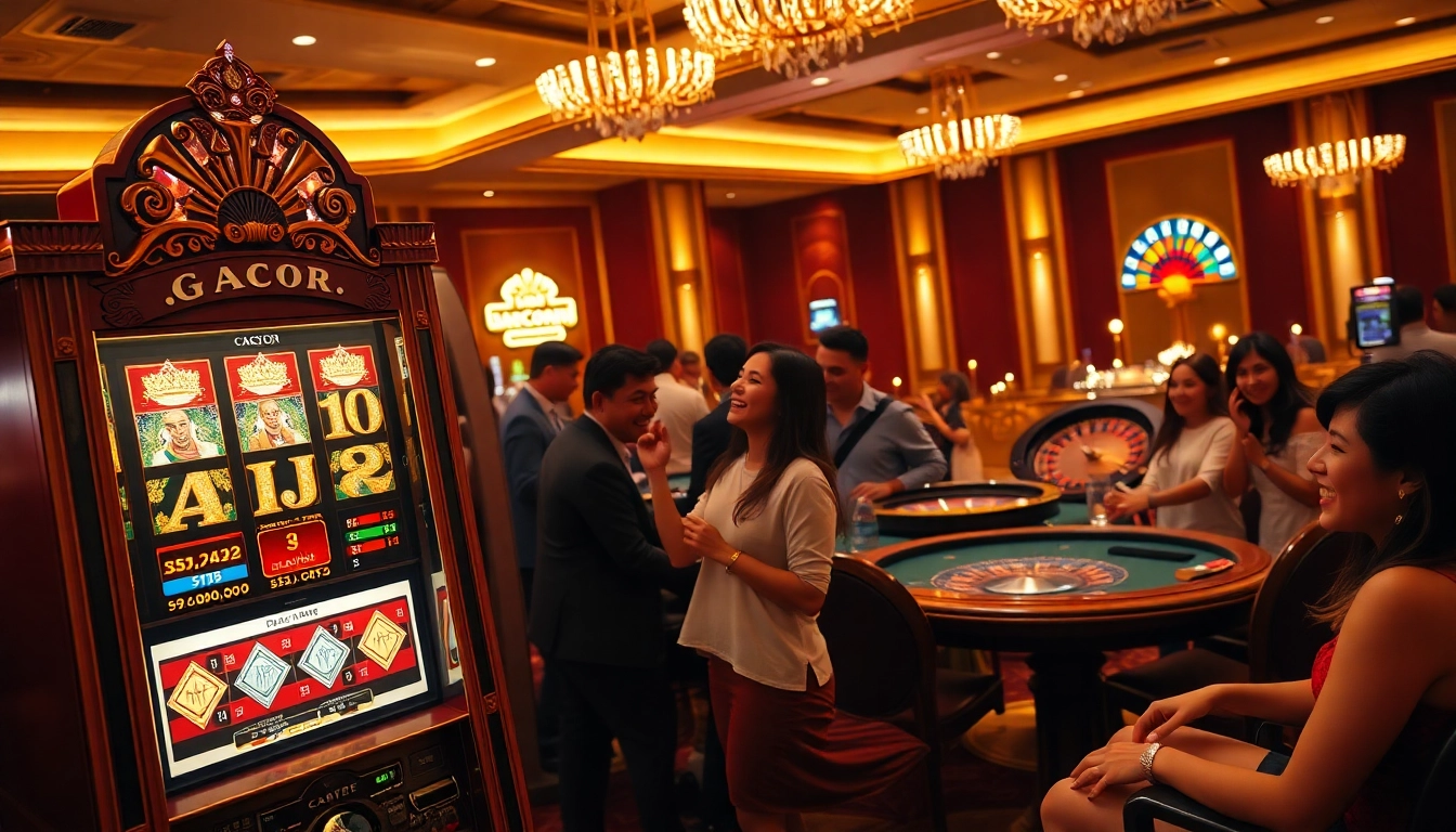Excited gamblers celebrating a win at a SLOT GACOR machine in a luxurious casino setting.