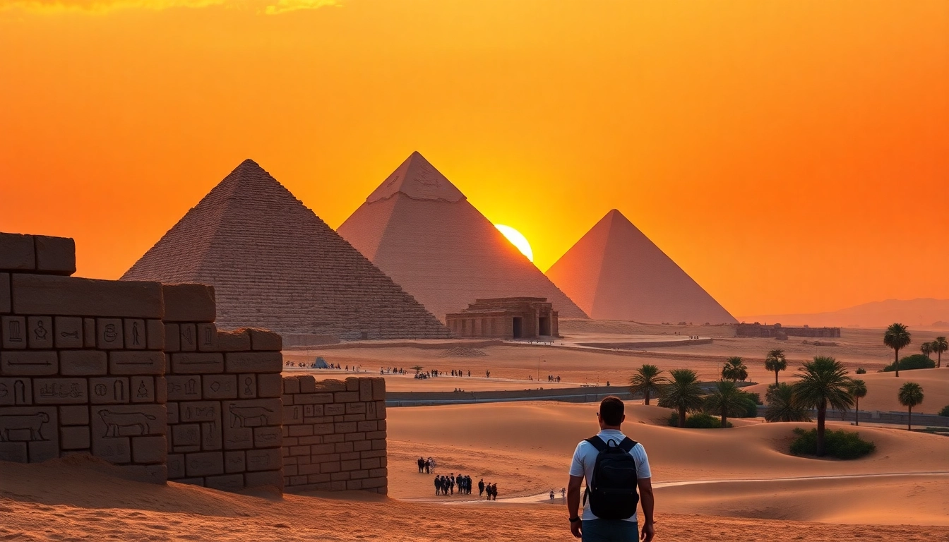 Capture the grandeur of the Great Pyramids of Giza at sunset with https://piraminds.com/ as a backdrop.