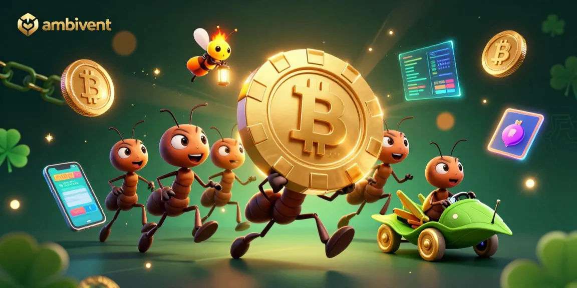 Ambivent showcases ants heisting poker chips in a vibrant casino scene with cryptocurrencies.