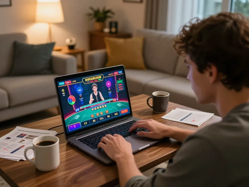 tv88 online gamer immersed in live dealer experience, cozy home setup exuding warmth and strategy