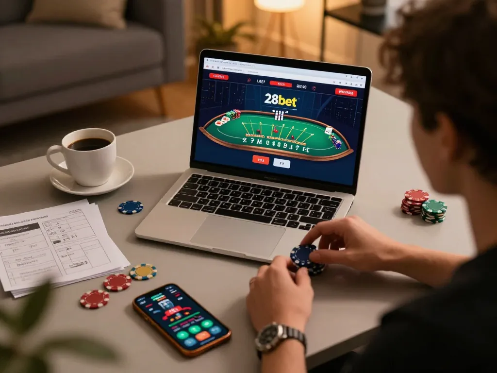 Engaging with the live dealer game on link 28bet, emphasizing strategic online gaming at home.