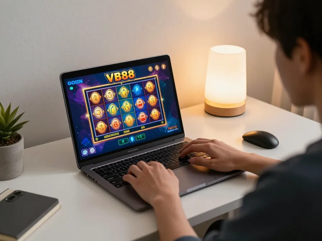 Engaged player exploring VB88 slot game on laptop for strategic online gambling