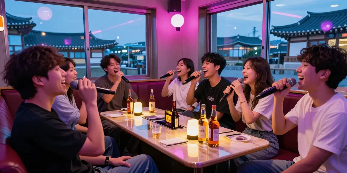 Jeju nightlife experience showcasing 제주도유흥 with friends enjoying karaoke, vibrant lights, and whiskey.