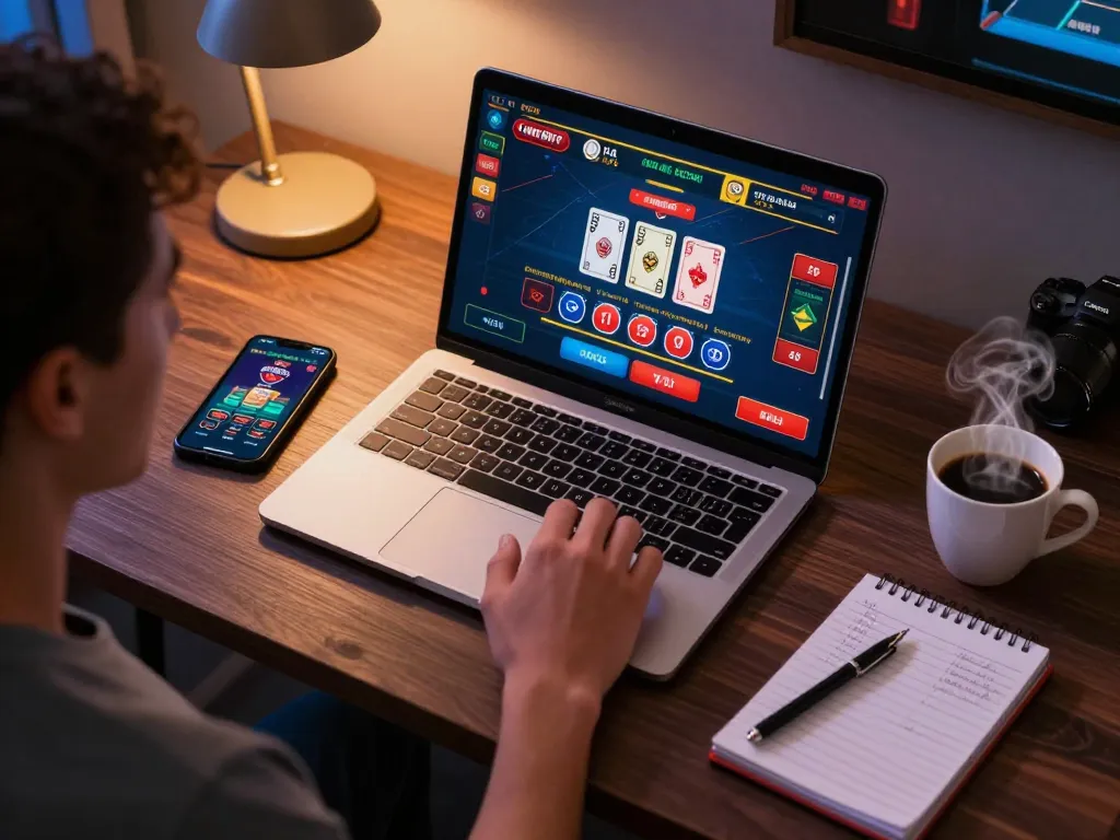 Engaging in rr88 online gaming strategy at home with laptop and smartphone for enhanced betting experience.
