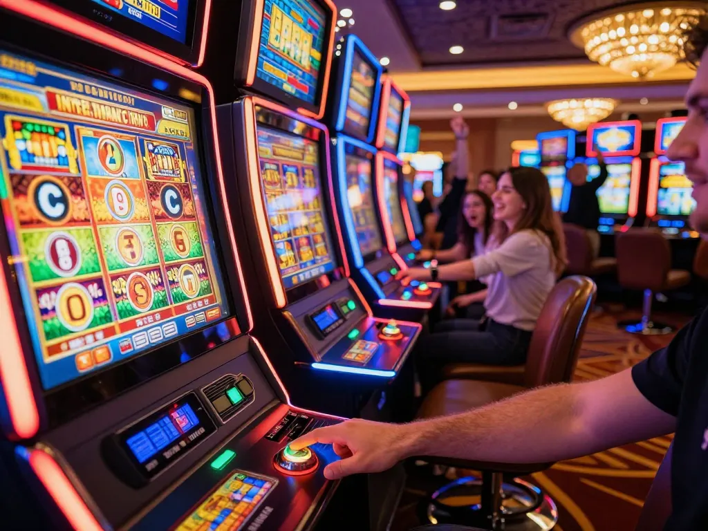 Player engaging with a SLOT machine, pressing the spin button amidst dazzling displays in a vibrant casino setting