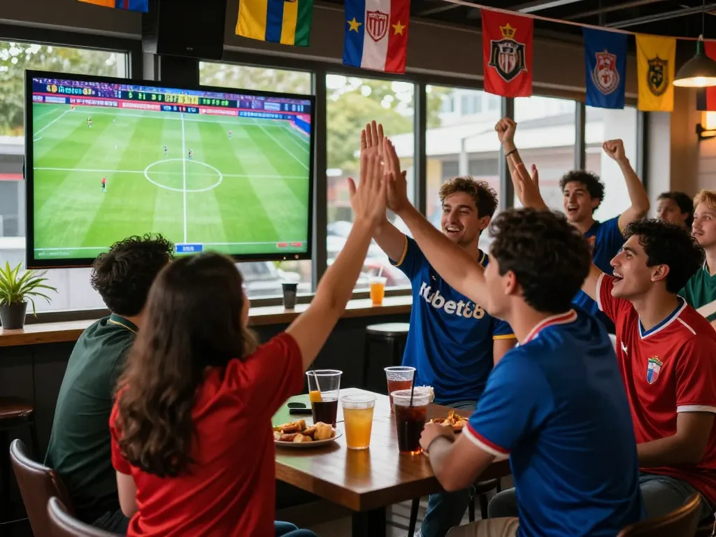 Excited fans celebrating during a live football match, showcasing the thrill of Thể thao hubet88 betting.