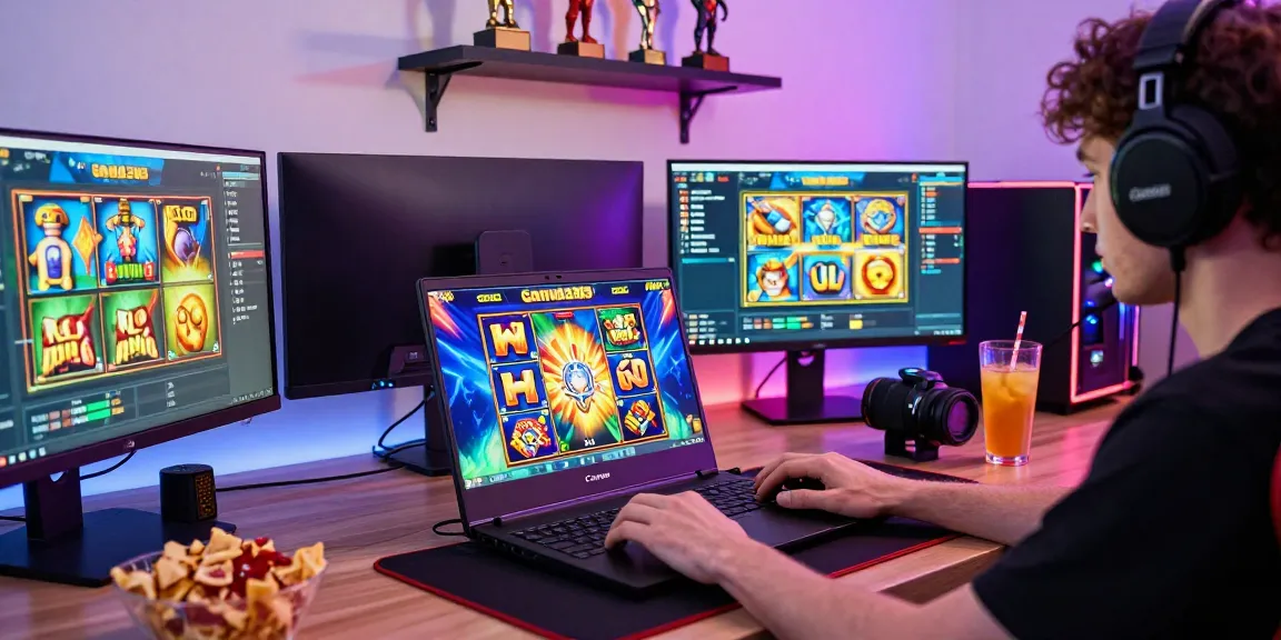 Immersive gaming setup featuring a player engaged with garuda303 slot on vibrant screens.