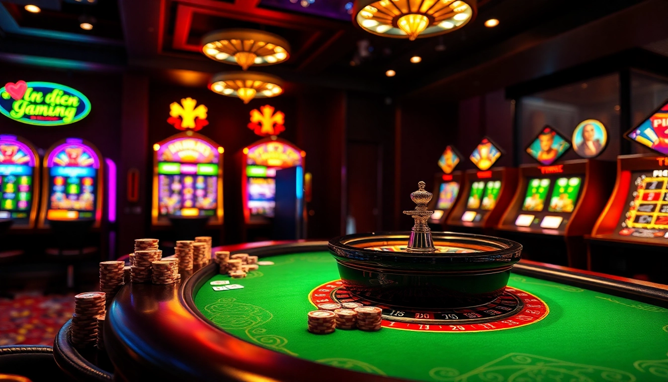 KPI4D casino scene showcasing vibrant slot machines and a lively poker table.