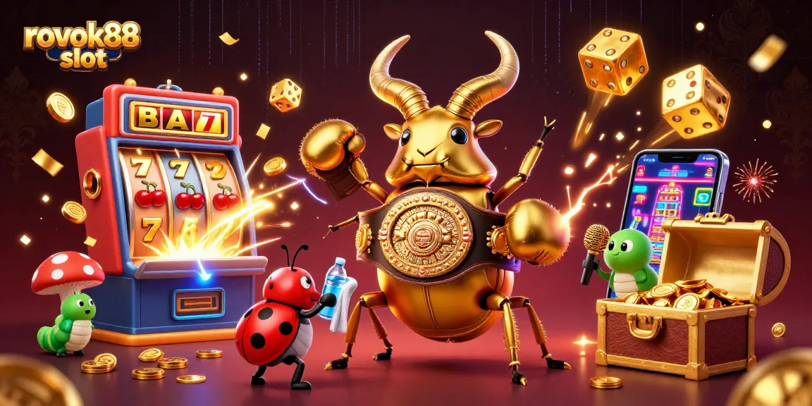 Experience the excitement of rokok88 slot with a vibrant 3D casino scene featuring a giant stag beetle as a champion.