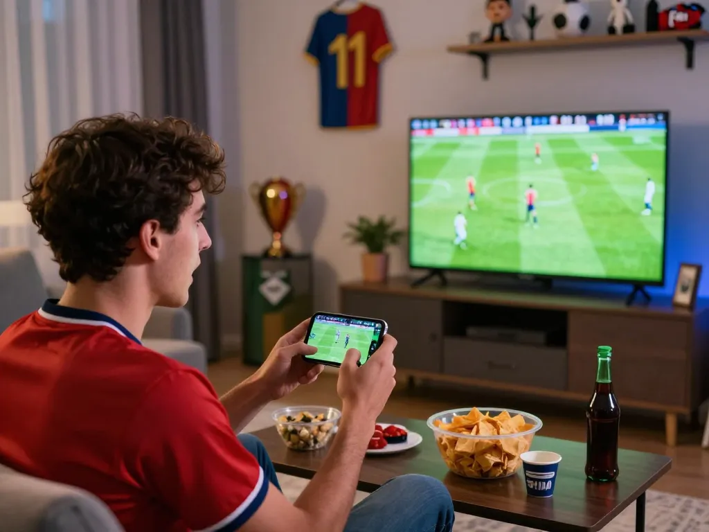 Engaged fan using the Cakhia app to bet on live football matches during an exciting game
