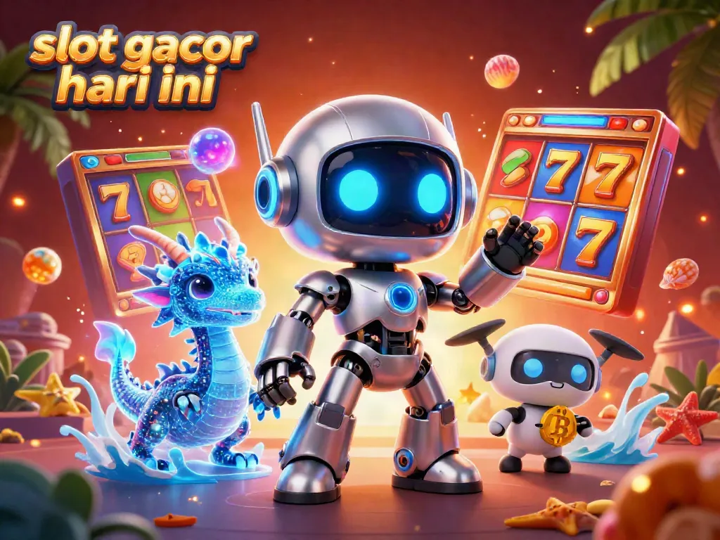 Gambarkan pengalaman bermain slot gacor hari ini dengan robot dan naga holografik di dunia kasino digital.
