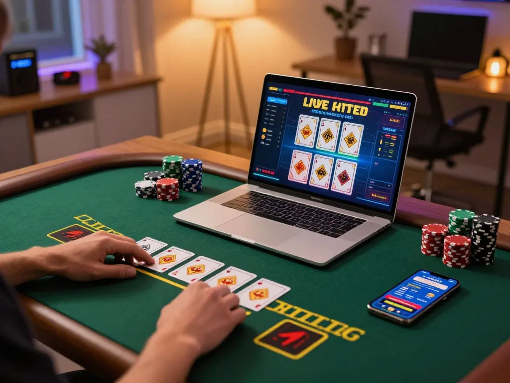Engaging in blackjack at the best widget store with live dealer action on a modern laptop