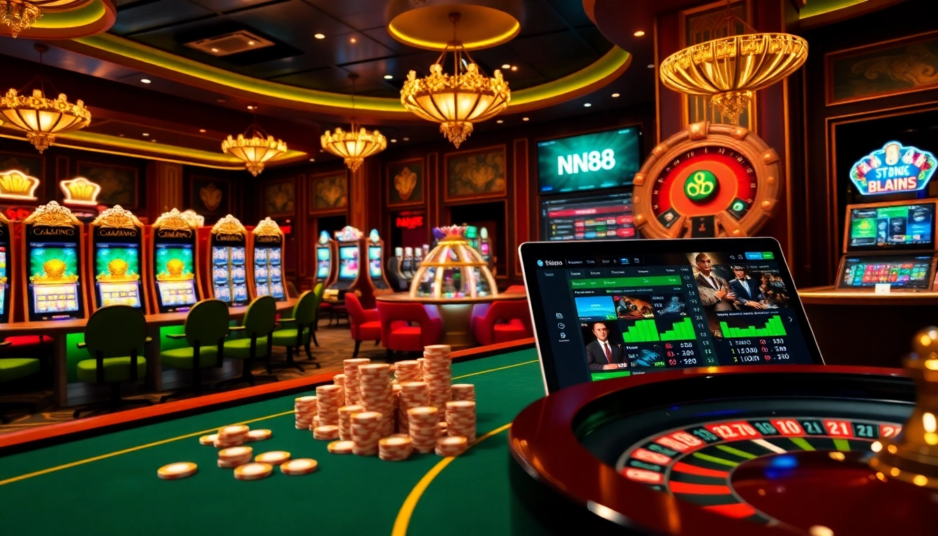 Players engaging actively at the vibrant NN88 casino tabletop, showcasing excitement and various gambling elements.