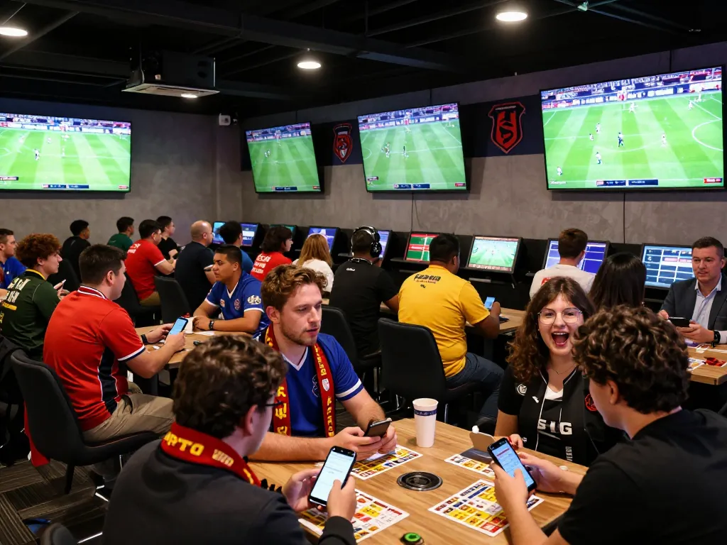 KQBD live sports betting scene with fans engaging in betting activities during a football match.