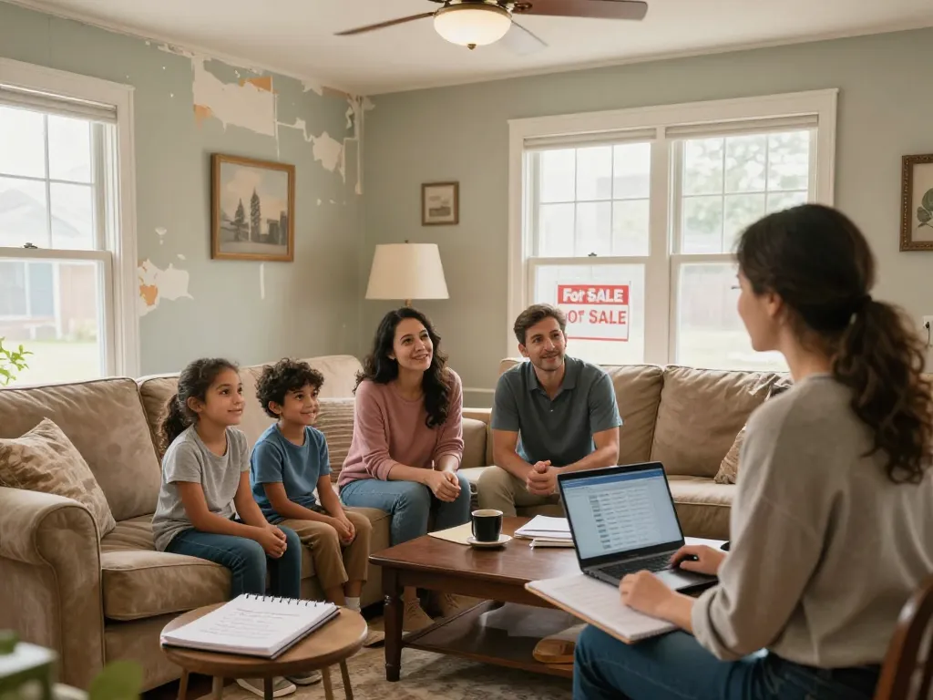 Family discussing how to sell house without repairs in a cozy living room.