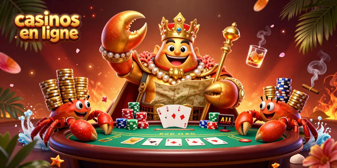 Jouez à des casinos en ligne avec une scène animée d'un empereur crabe en 3D et des éléments de poker.