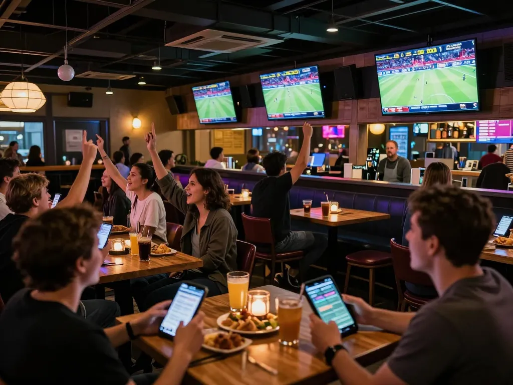 Engaged patrons betting with their smartphones on a TG88 sports platform at a lively sports bar.