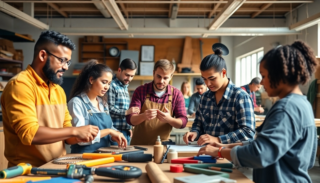 Trade school students collaborating on hands-on projects in a bright workshop.