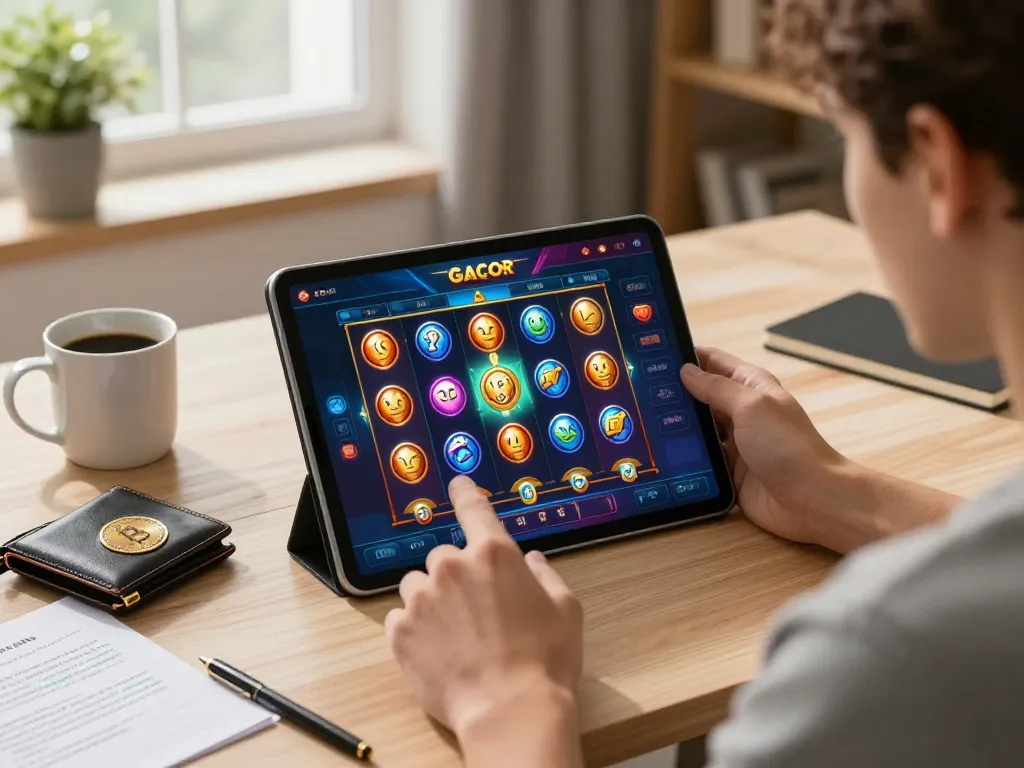 Engaged gamer exploring slot demo gacor on tablet, showcasing colorful game interface.