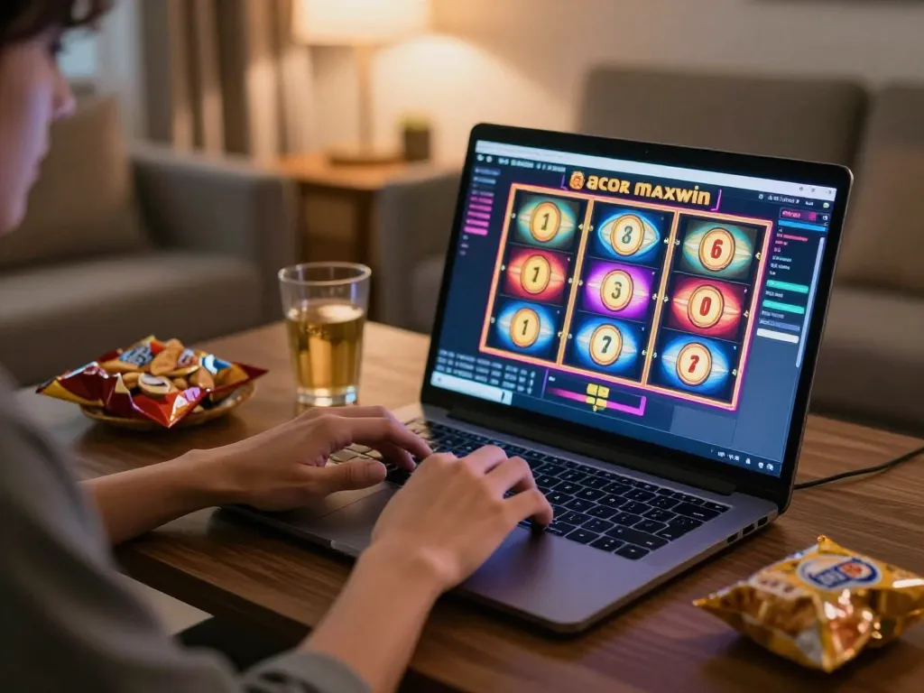Player enjoying slot gacor maxwin on laptop, dynamic action captured in a warm home setup.
