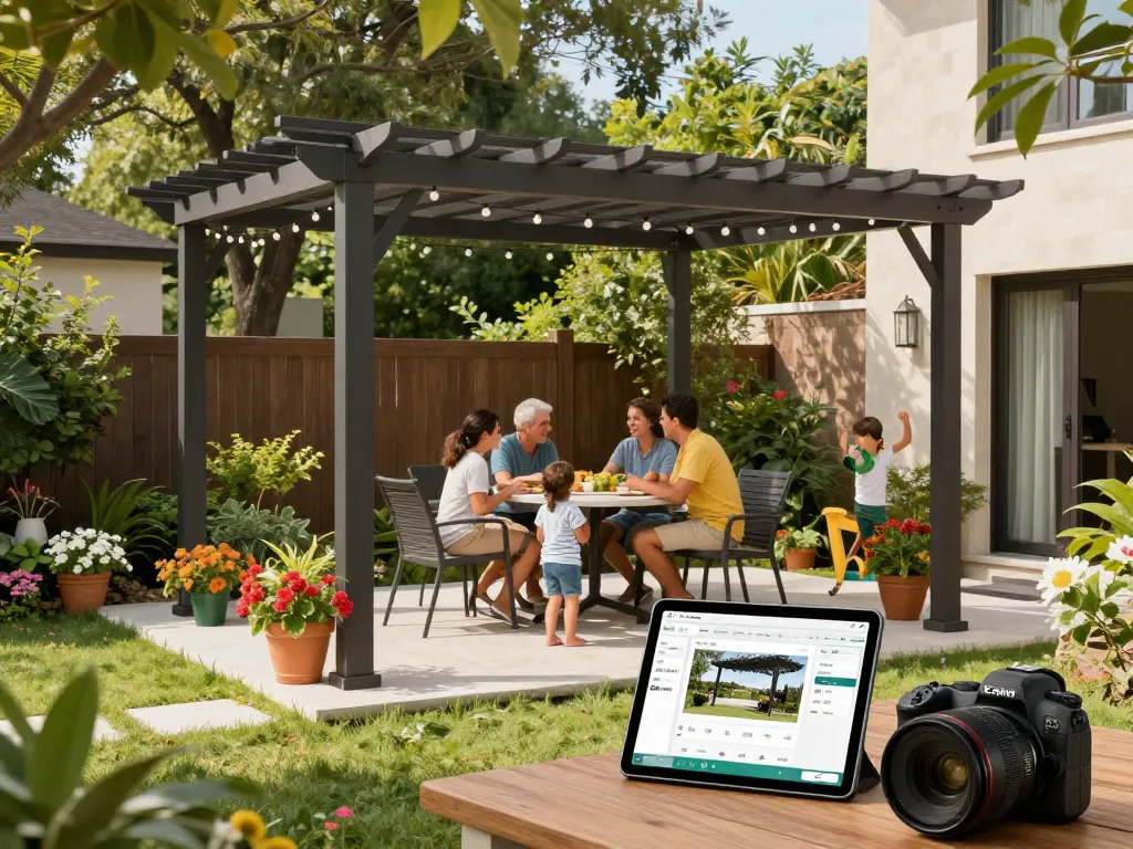 Family enjoying a sunny afternoon under a beautifully designed pergola, showcasing the pergola configurator software on a tablet, ideal for outdoor spaces.
