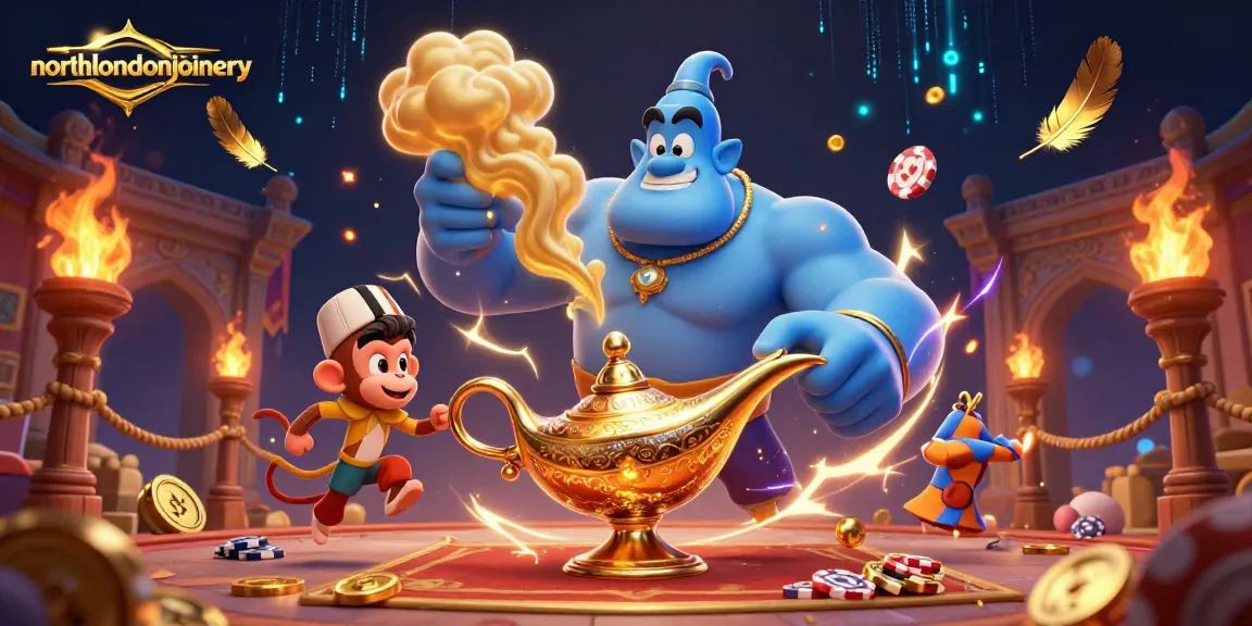 northlondonjoinery menghadirkan ilustrasi judi dengan karakter genie dan koin judi yang melimpah