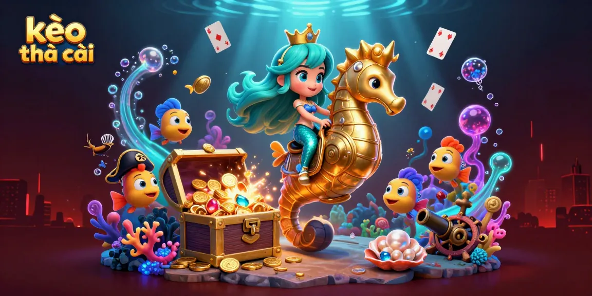 Engage with the dynamic scene of kèo nhà cái featuring a mermaid princess and seahorse in an exciting underwater casino