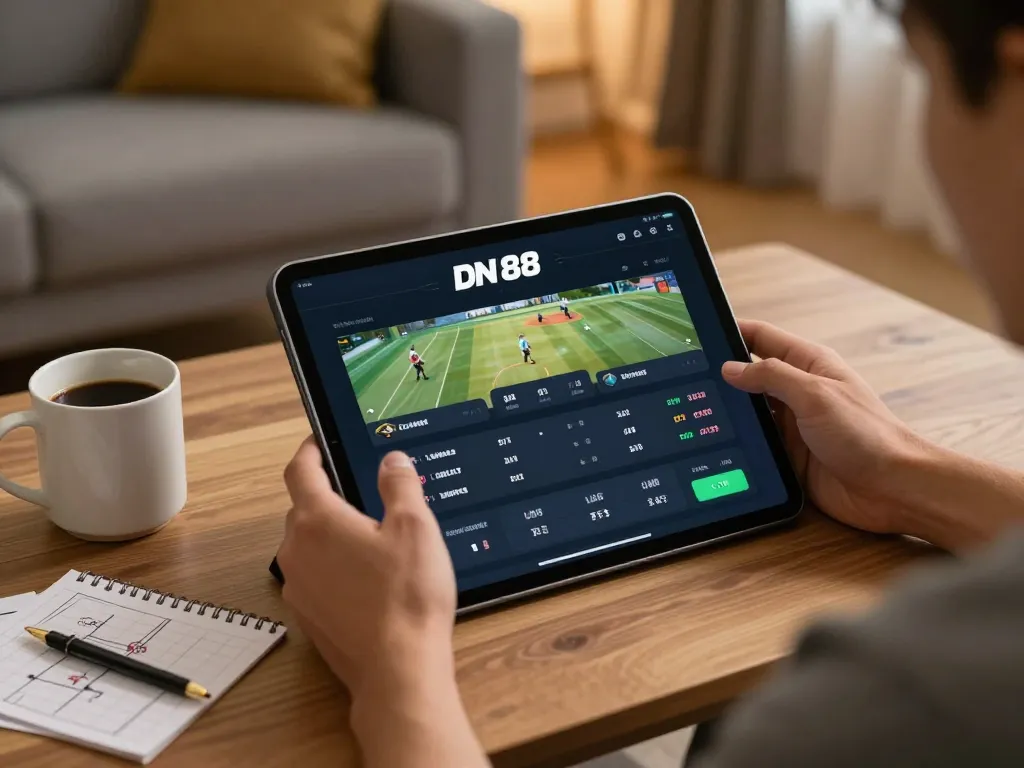 Engaging with DN 88 sports betting app during an exciting game, showcasing modern home gaming.