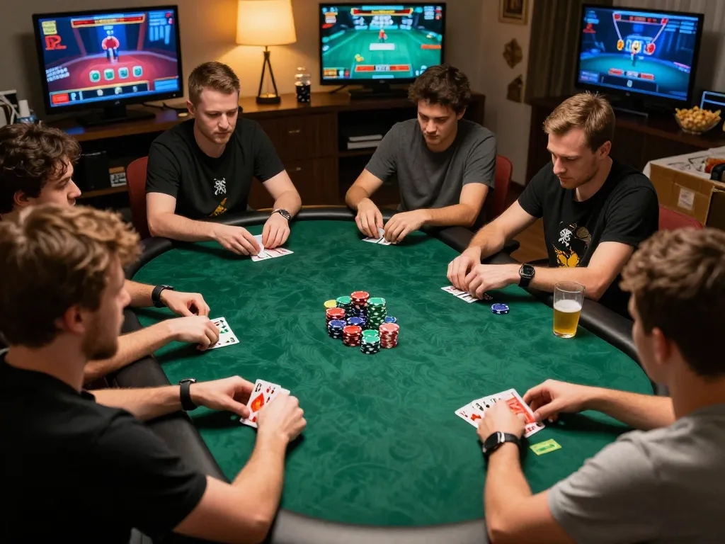 Engaged players strategizing over colorful chips in a giường bệnh nhân-themed online poker game atmosphere.