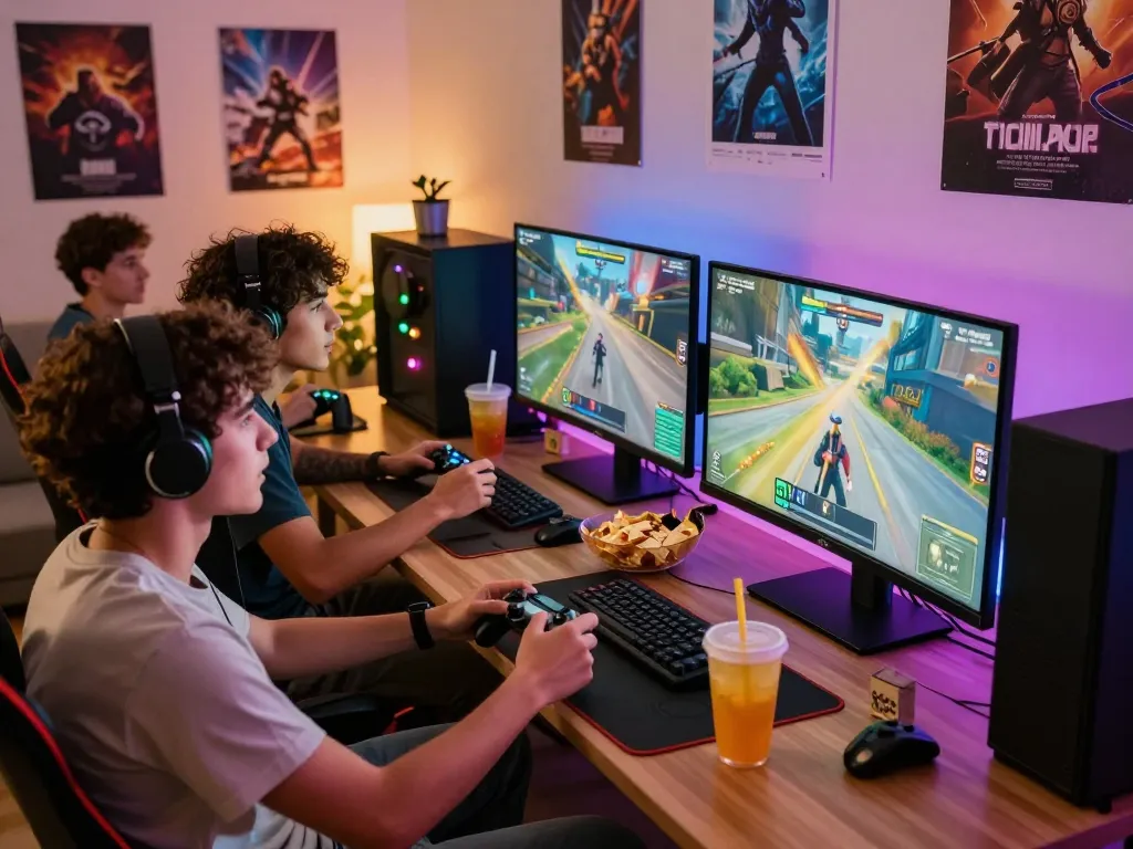 Friends enjoying an energetic gaming session on vegasslot77 with colorful setup and snacks.