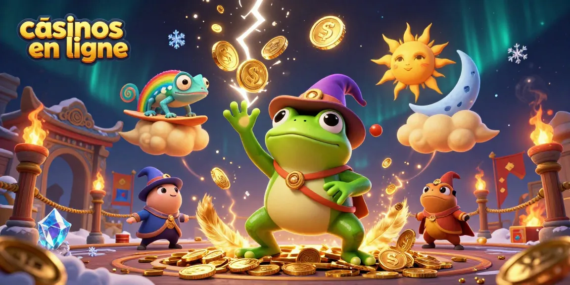 Jouez aux casinos en ligne avec une illustration 3D d'un sorcier grenouille et un caméléon