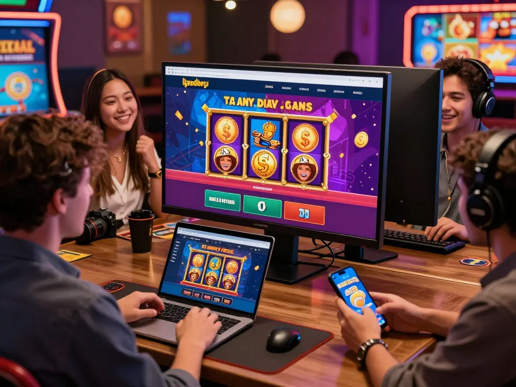 Dynamic online gaming experience at ligasedayu featuring various players engaging joyfully with slots and live casino.