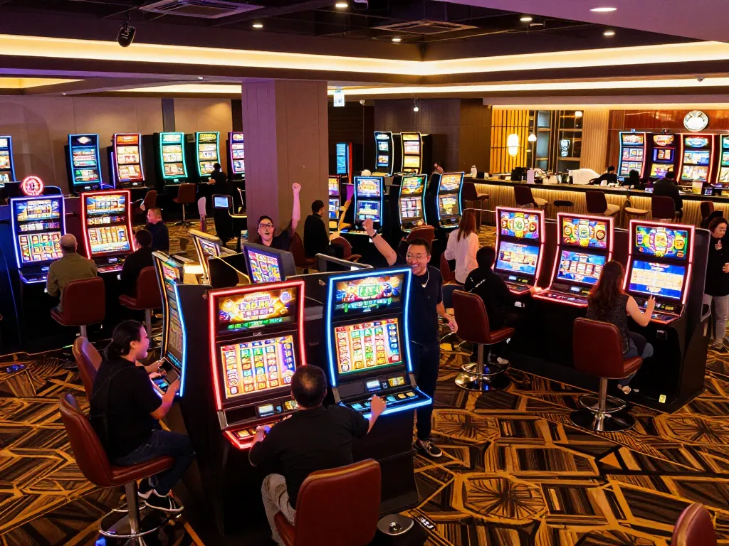 Players celebrating a win at vibrant slot gacor machines in a bustling casino atmosphere
