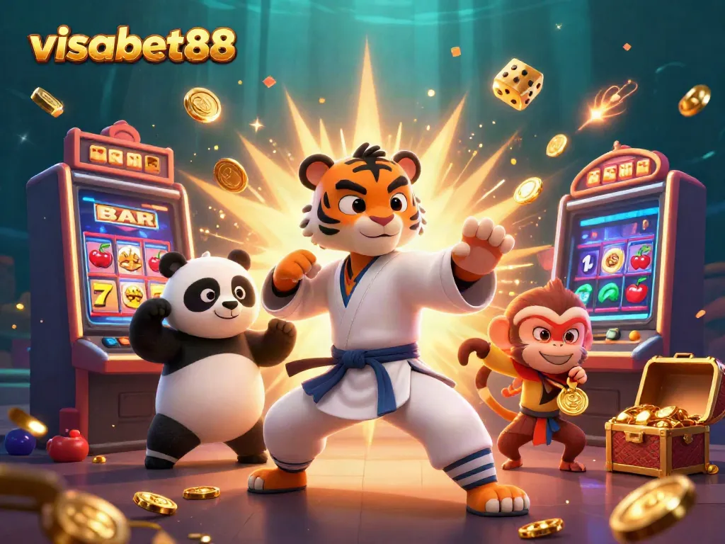 Engage with the vibrant excitement of visabet88 as 3D characters celebrate a jackpot in a lively casino atmosphere.