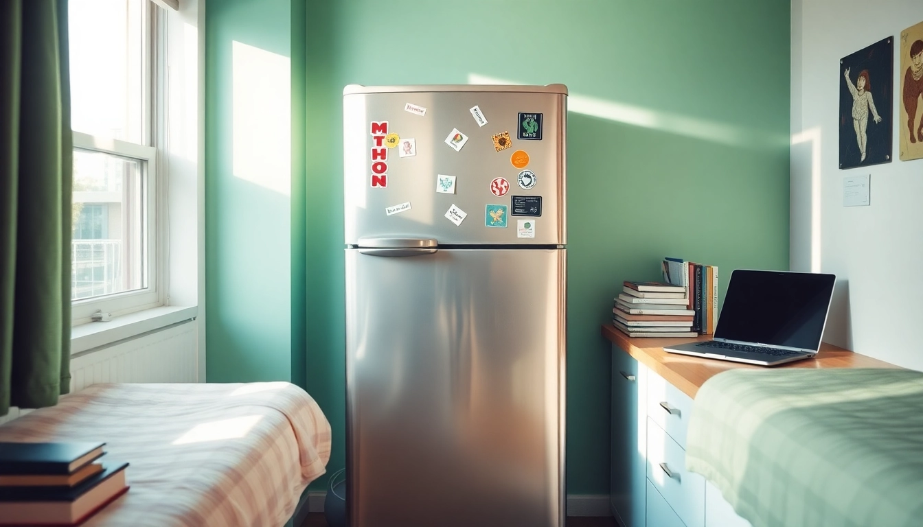 A lively dorm room fridge filled with snacks and drinks, showcasing its compact design for any student space.