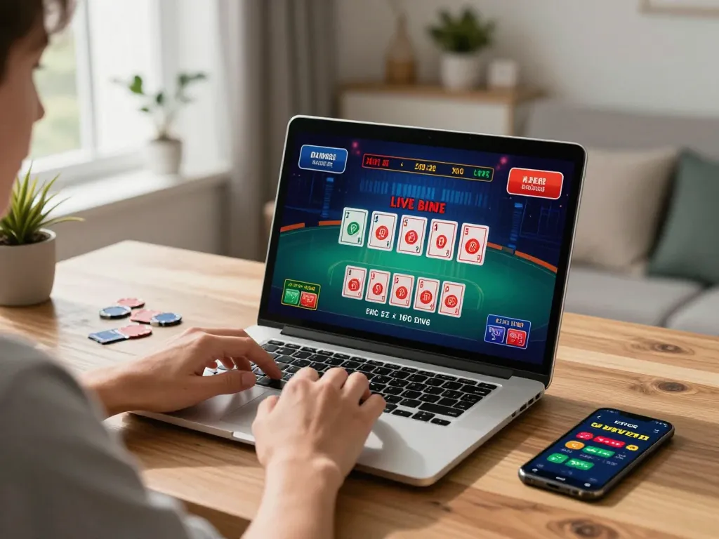 Playing blackjack online at https://dola88vn.com/ from a cozy home office with excitement.