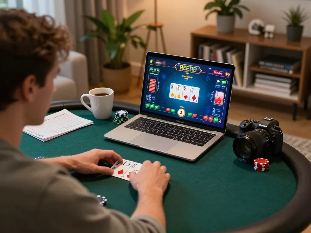 DABET players engaged in strategic online poker gameplay from a cozy home setting.
