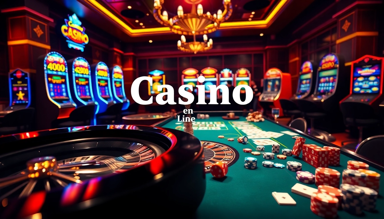 Engagez-vous avec des jeux de haut niveau dans un casino en ligne de luxe rempli de roues de roulette, de jetons de poker et de machines à sous vibrantes.