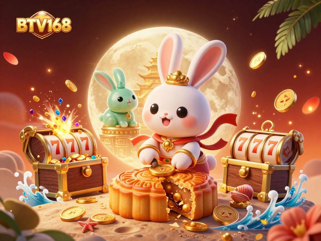 A vibrant scene illustrating BTV168, featuring a moon rabbit and jade companion in a lunar casino with gold coins and slot reels.
