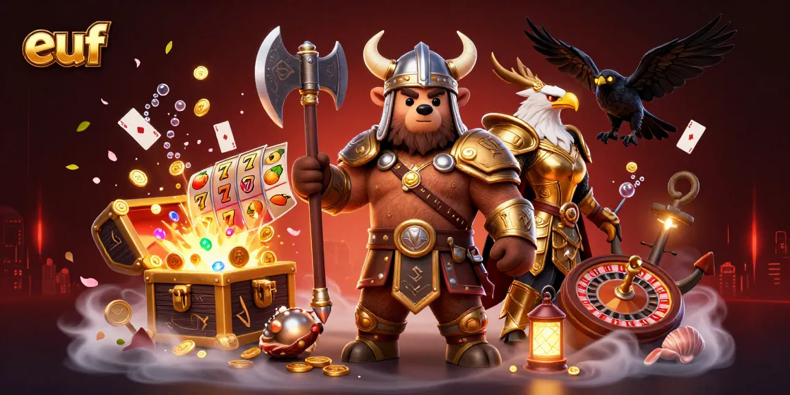 Experience the thrill of euf with a vibrant 3D scene featuring a Viking bear, Valkyrie eagle, and casino elements.